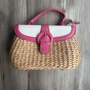 Vintage 90s Maggi B Woven Straw Pink And White Y2K Spring Summer Tote Buckle